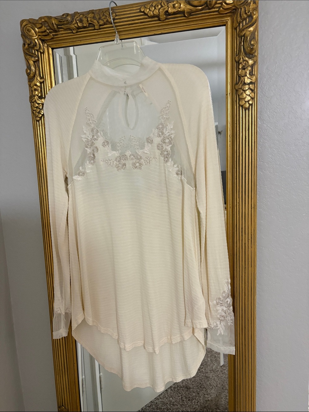 Free People Cream Lace-Inset Long Sleeve Keyhole Top